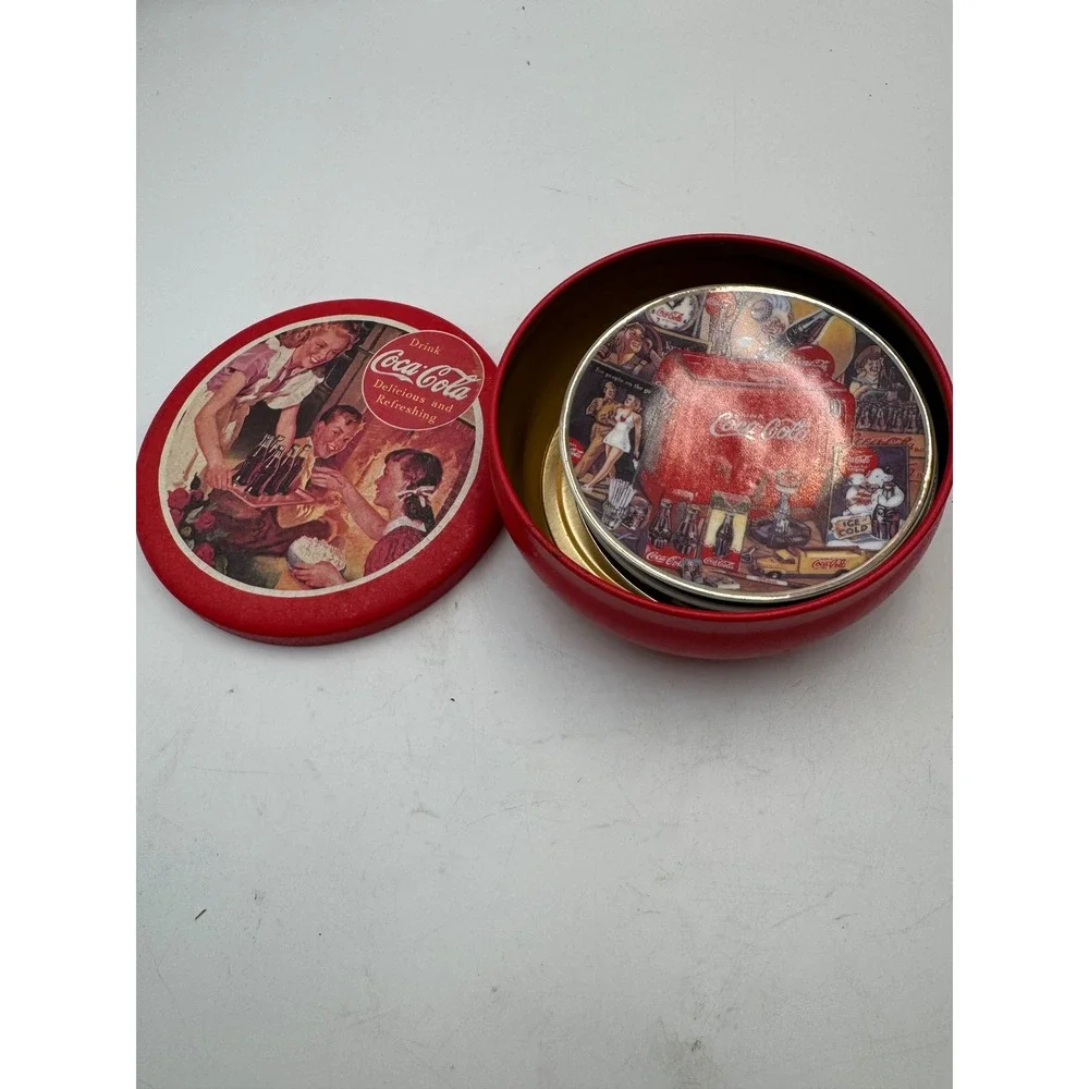 Coca-Cola Vintage Collage Round Metal Storage Tin Red Gold Soda Memorabilia